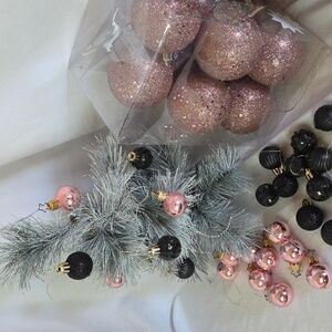Glittery Pink Black Christmas Ornaments And Silver Tiny Tree 39 Piece Set